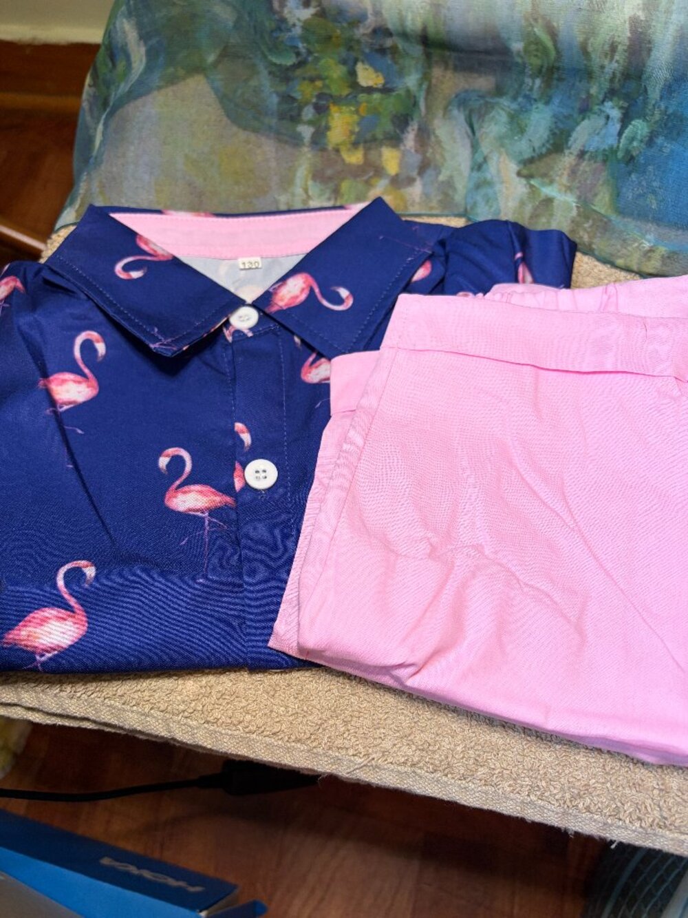 Flamingo Print shirt and pink shorts set, NIB